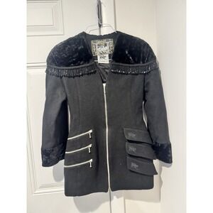 Vintage Parasuco Girl's Black Wool Blend Jacket Beaded Faux Fur Youth M